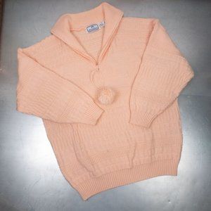 Vintage Atmosphere Ski Sweater 3/4 Zipper V Neck Blush Peach Cable Knit Size M